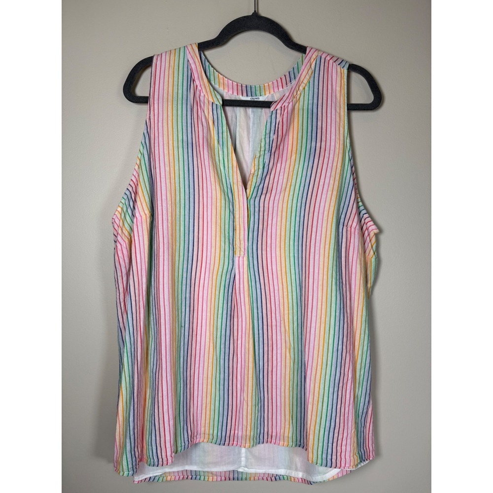 Crown & Ivy Womens 2X Rainbow Stripe Sleeveless Split Neck Blouse Boho Coastal